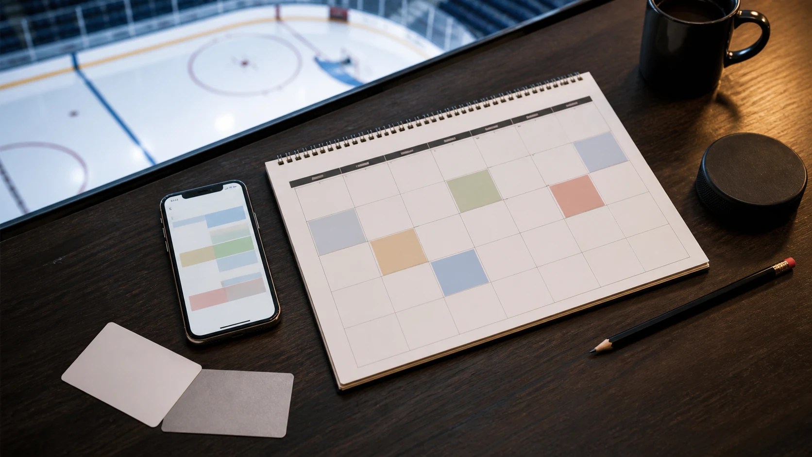 Hockey arena and calendar arranged for planning home-opening games
