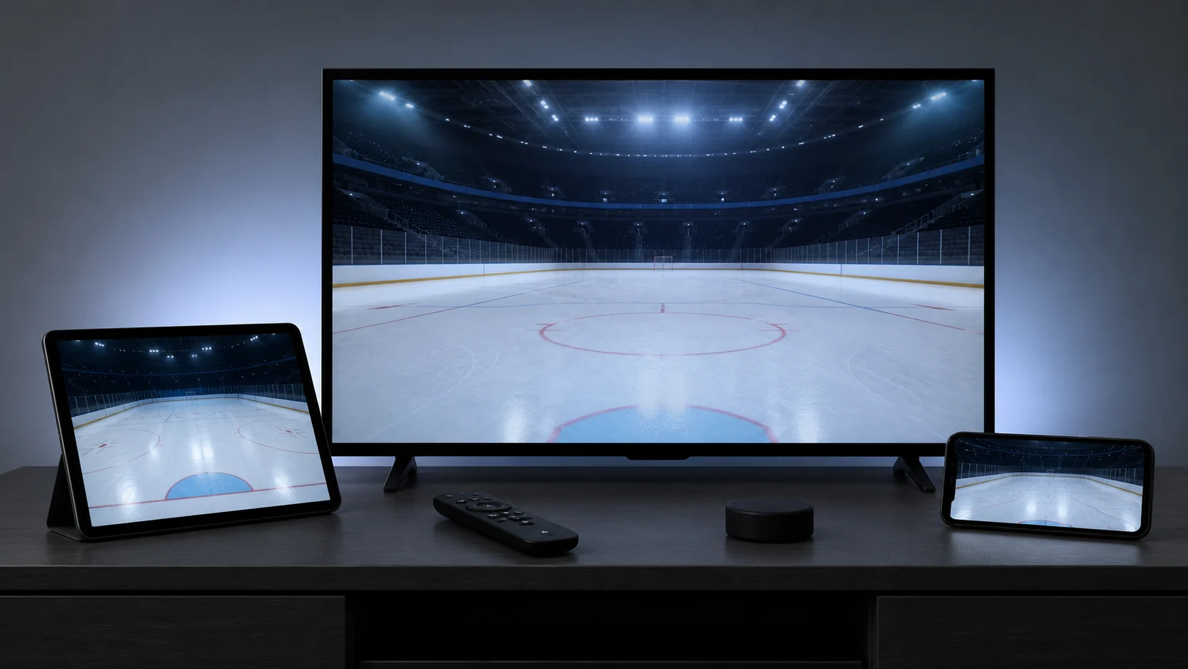 Unbranded television, tablet and phone showing generic hockey viewing interfaces