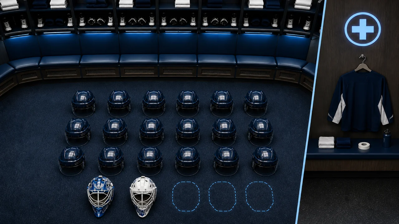 Illustrated hockey roster structure with skater helmets, goalie masks, extra stalls and a separate injured-reserve symbol
