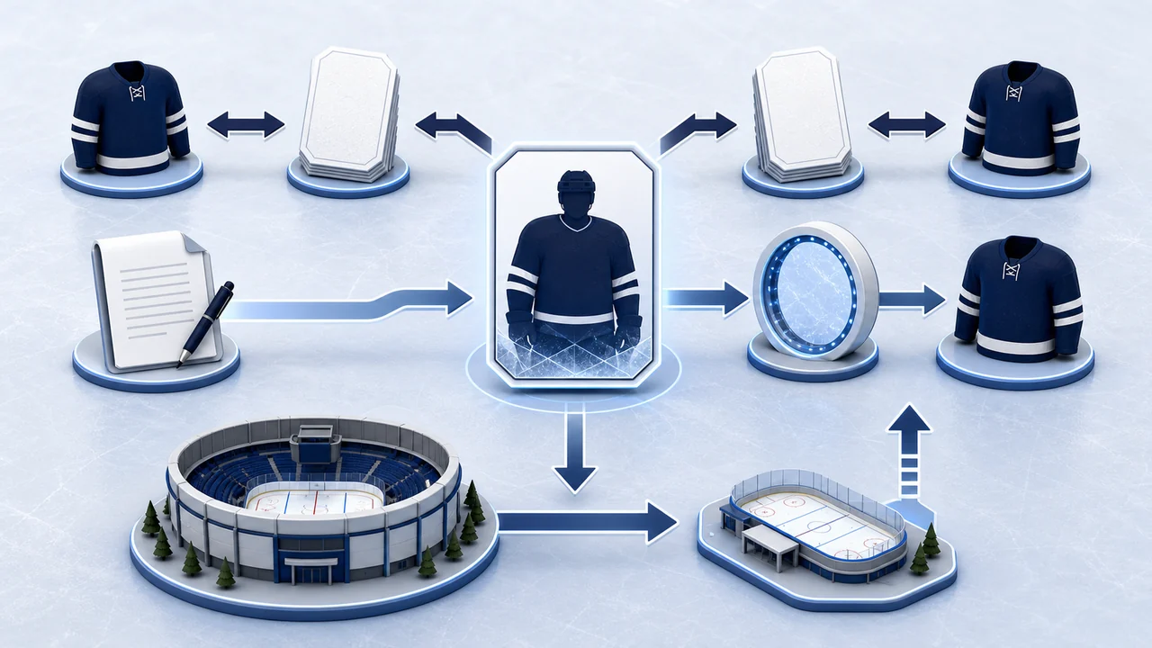 Illustrated hockey transaction flow showing a team exchange, contract signing, waiver path and affiliate assignment