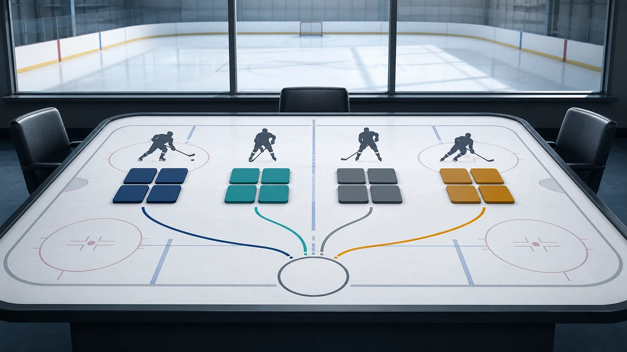 Concept illustration of a hockey scouting room using blank player tiles and rink lanes to compare team needs