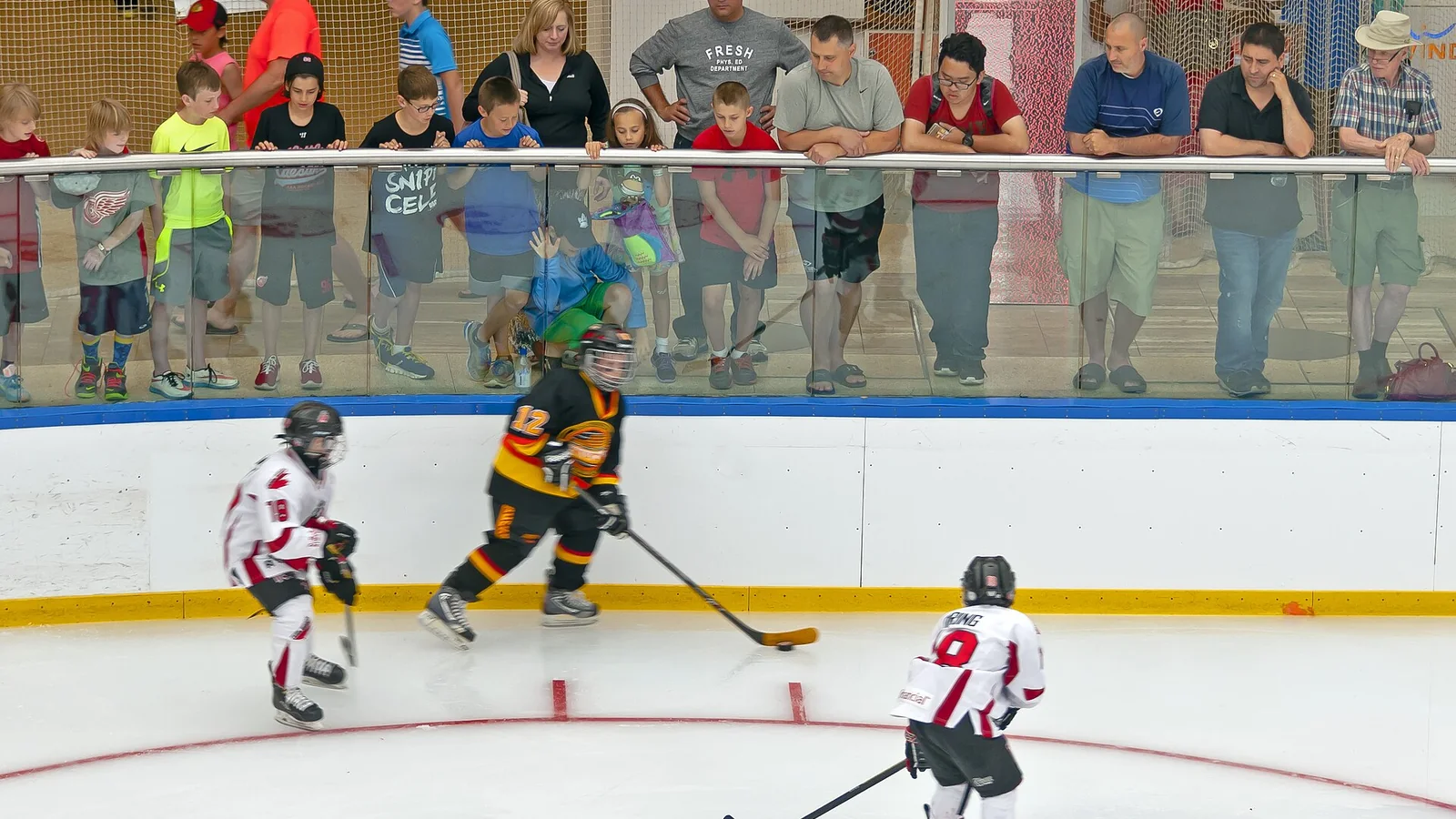 Spectators watch an ice hockey game from beside the rink