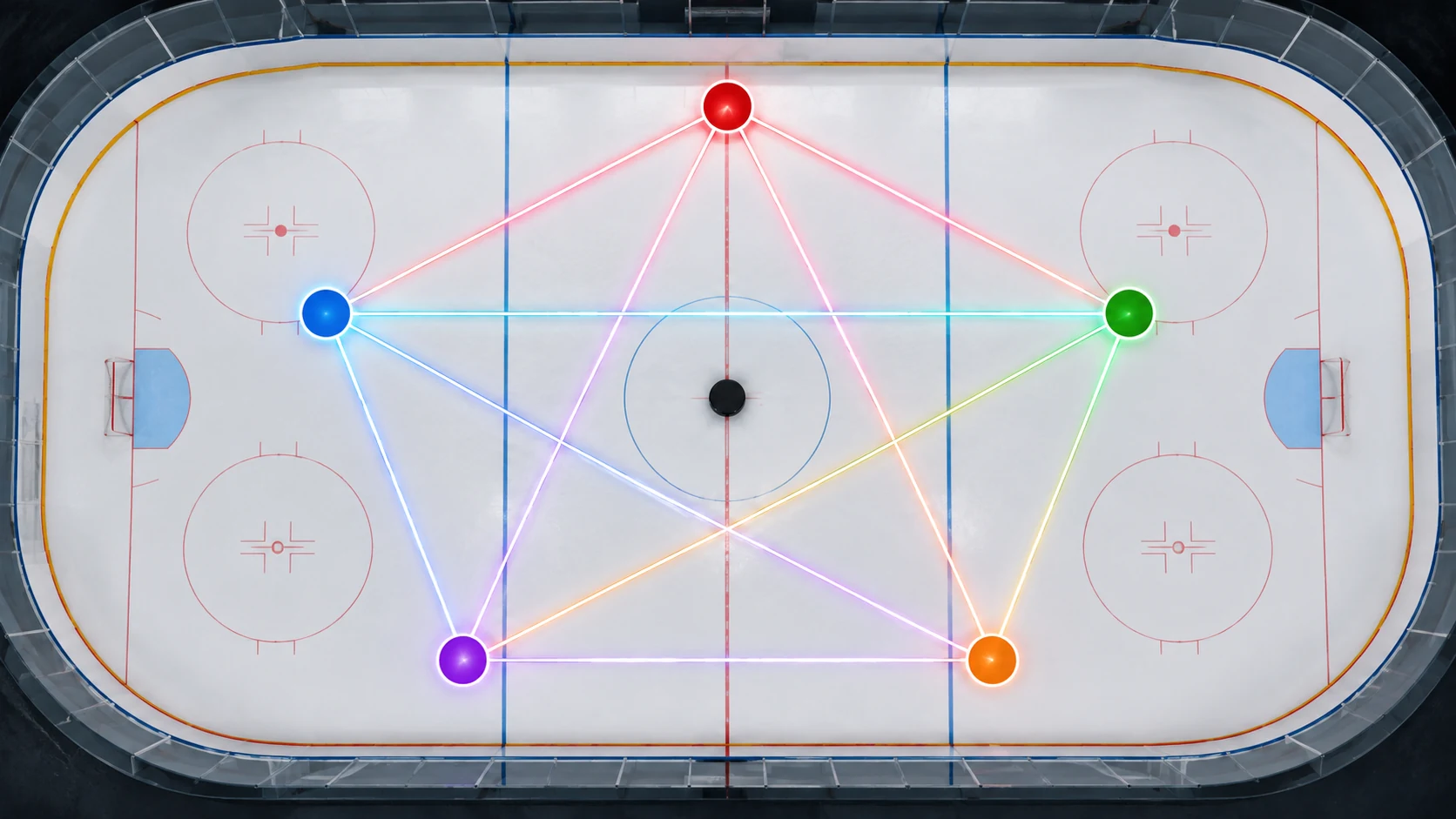 Five neutral hockey paths forming a complete round-robin tournament on an ice rink