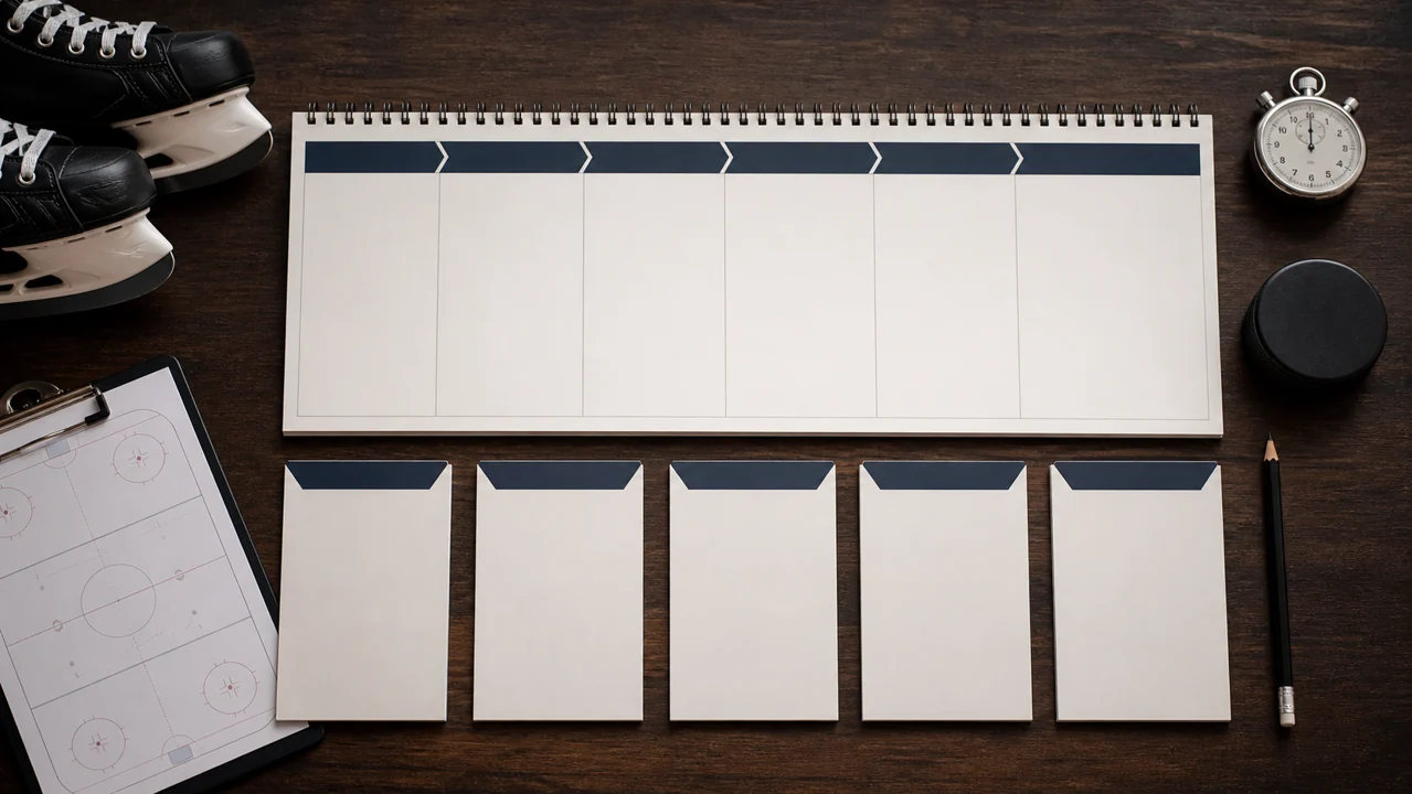 Generic hockey scouting desk with blank evaluation cards and a season timeline