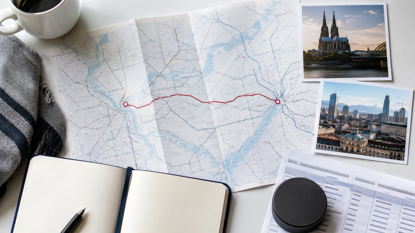 Hockey travel planner beside a rail map with German city architecture