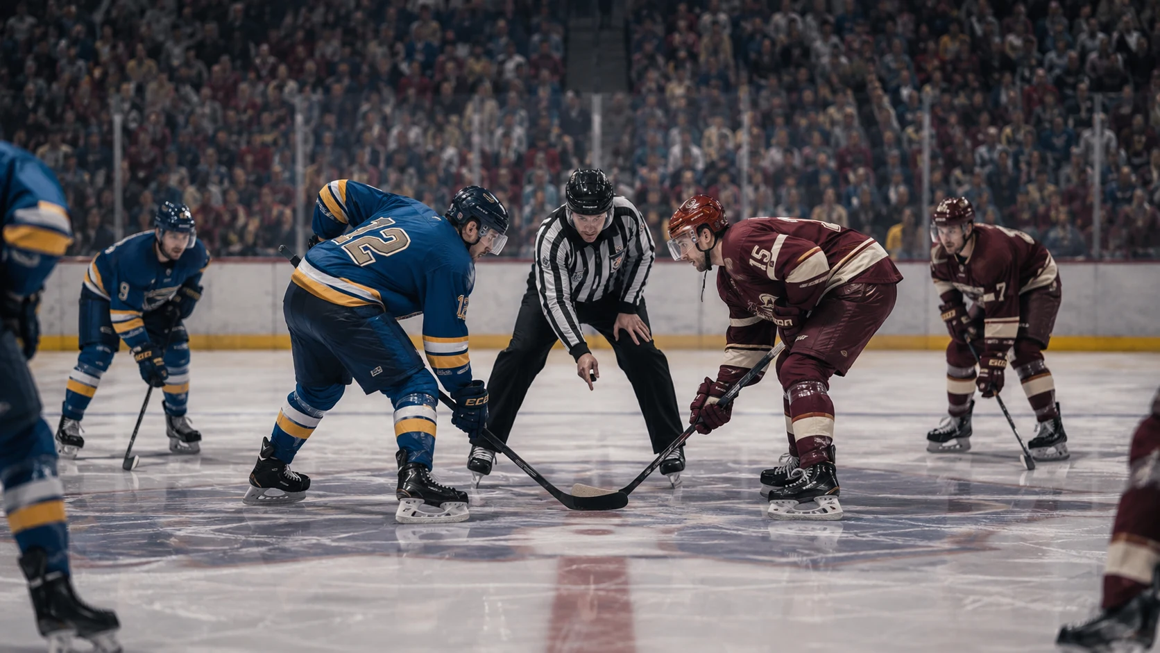 Two generic ice hockey teams preparing for a tense overtime faceoff under arena lights