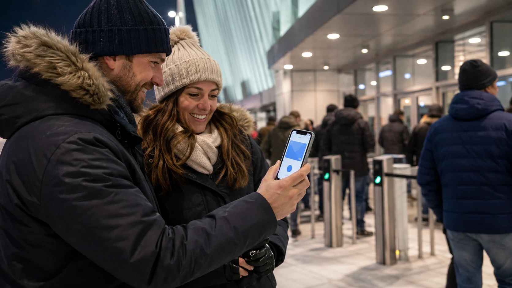 Hockey fans preparing a mobile wallet on a phone before entering a generic arena
