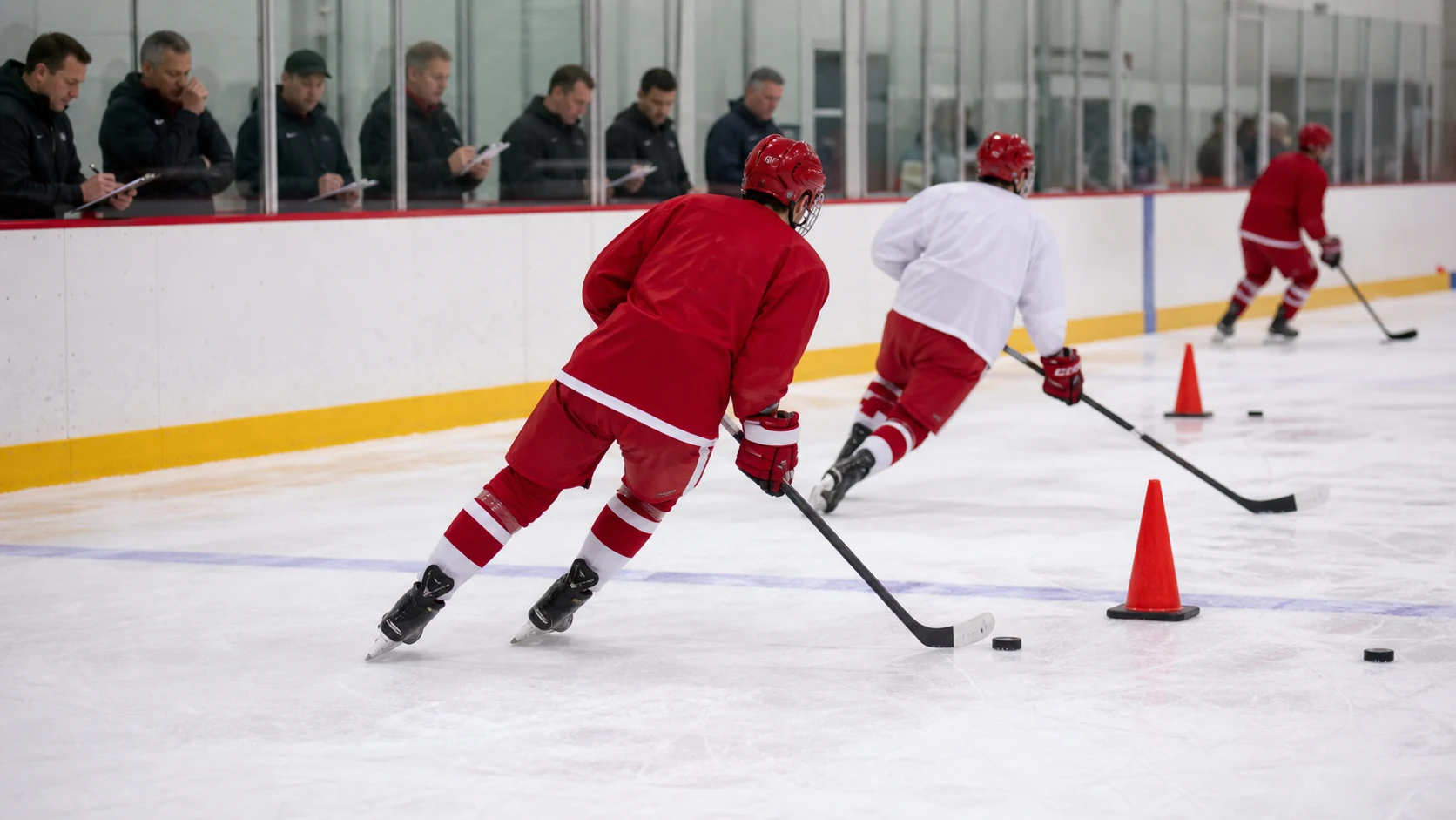 Young hockey prospects in plain red and white practice jerseys skating drills for scouts