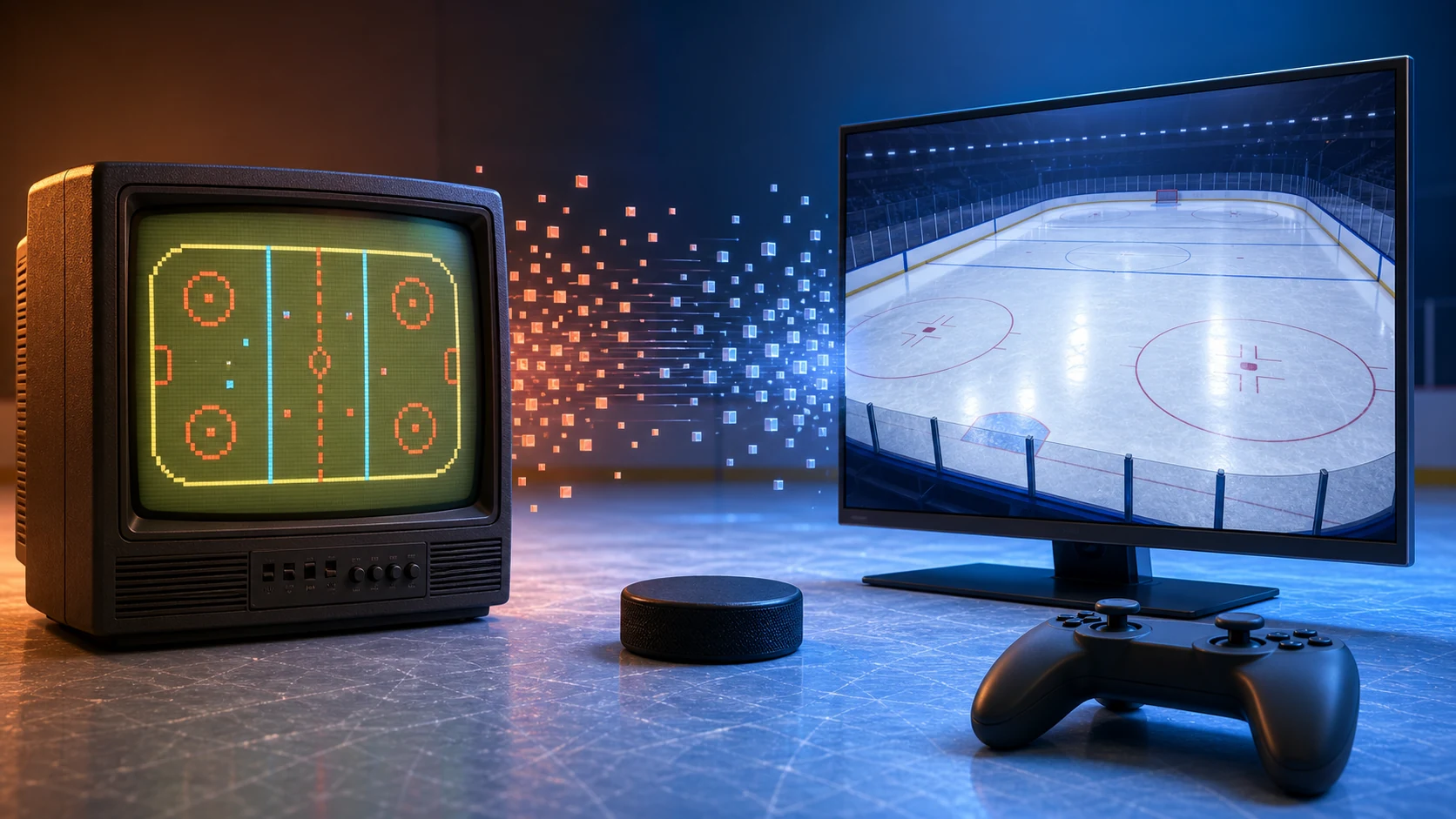 Retro television and game controller transitioning toward a modern console beside an ice hockey rink