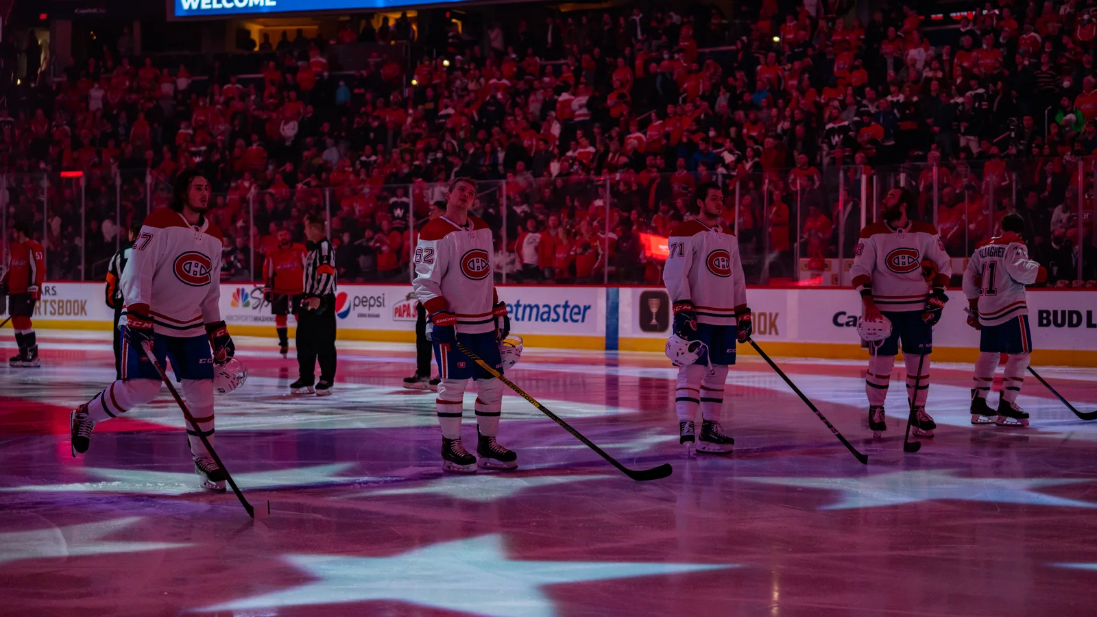 Montreal Canadiens players warming up before an NHL game against Washington