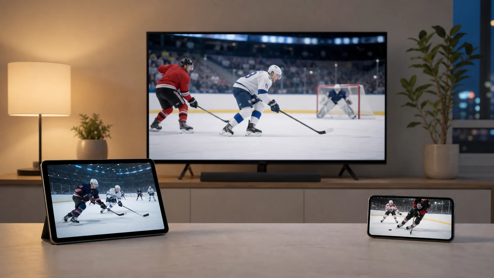 Television, tablet and phone displaying generic ice hockey action in a home media setup