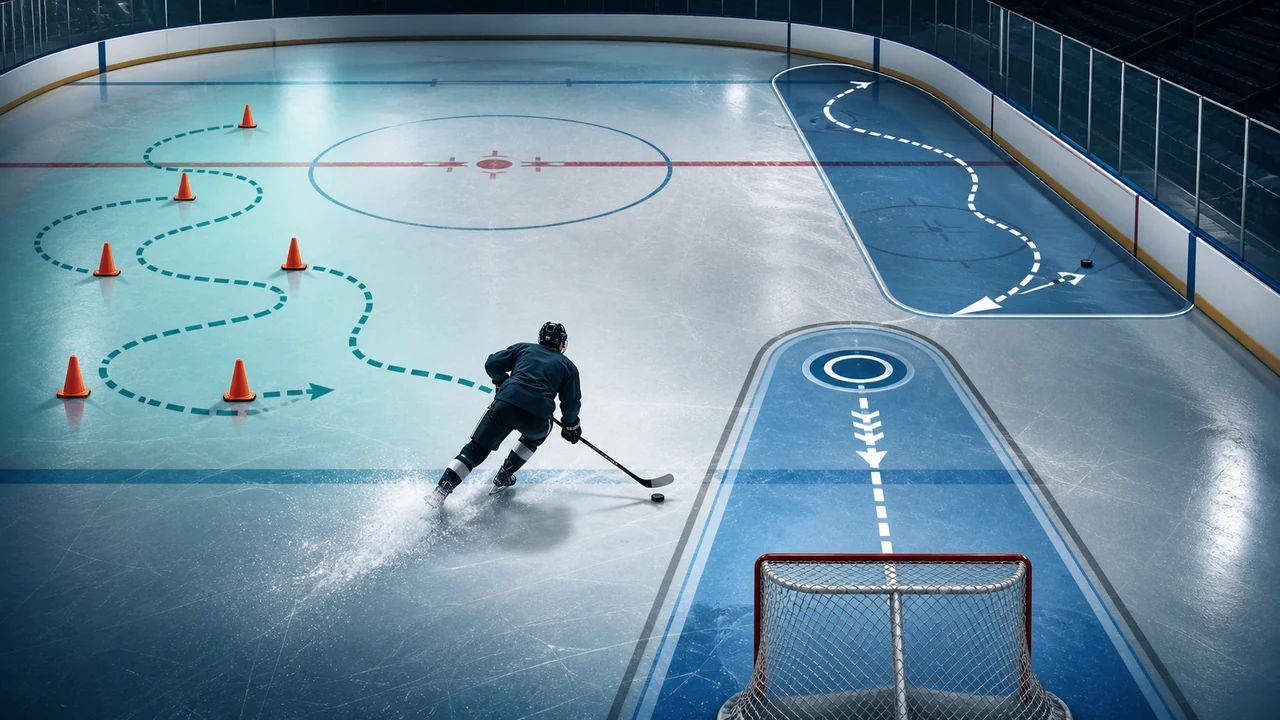 Concept illustration of a young hockey winger working through three development checkpoints at practice