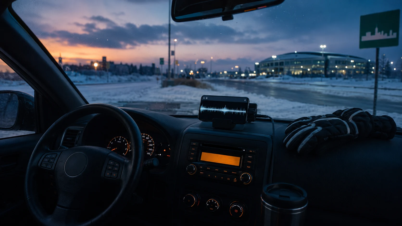 Driver parked safely while selecting a generic hockey radio feed on a car stereo and phone