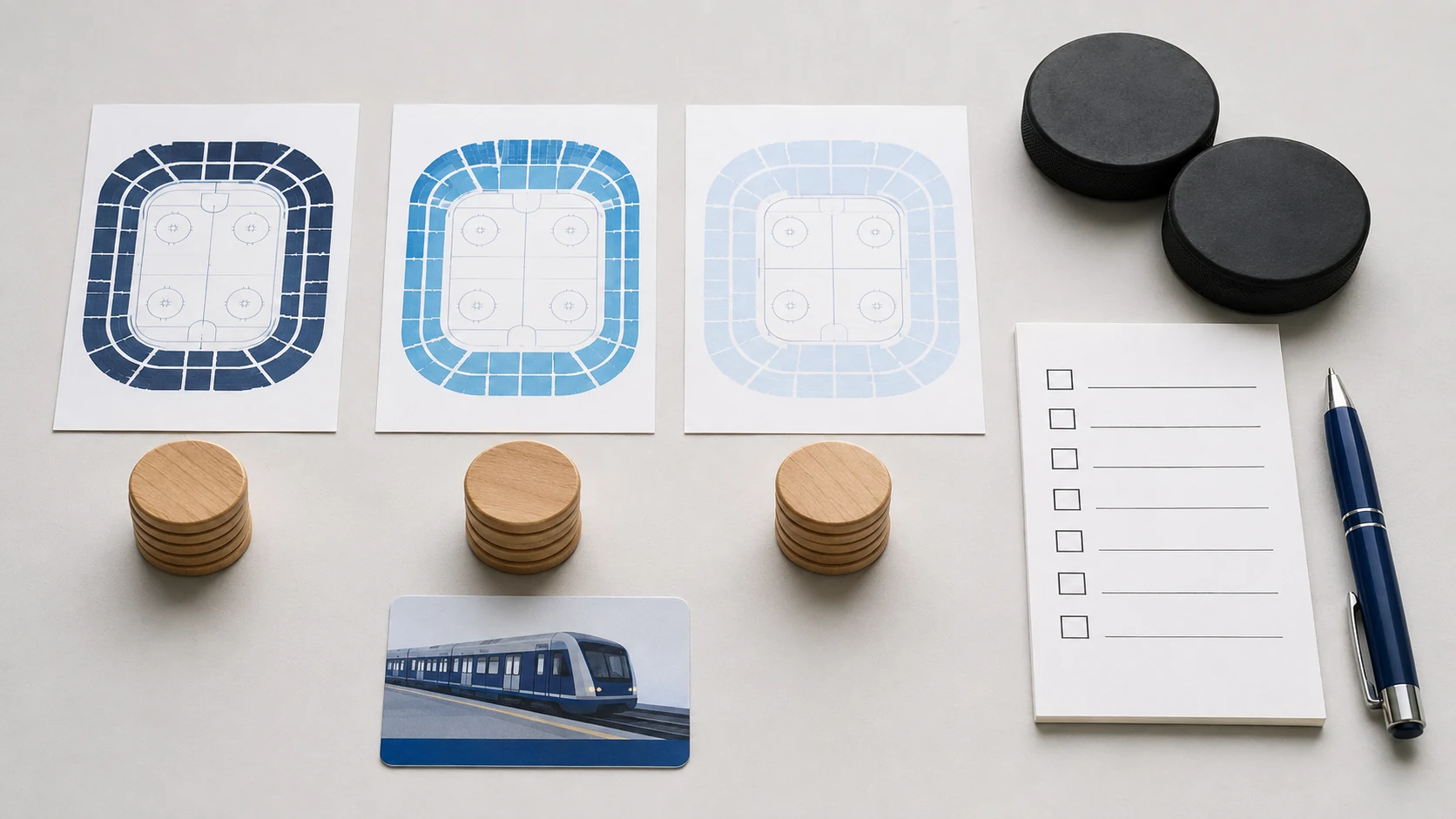 Hockey puck, calculator and blank seat comparison checklist on a desk