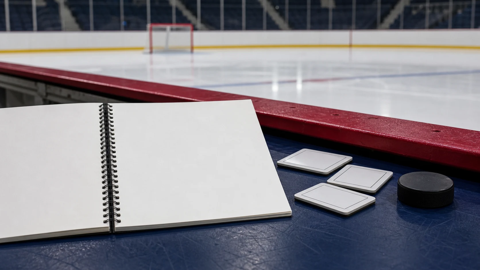 Unbranded hockey scouting notebook beside blank lineup magnets at rink side