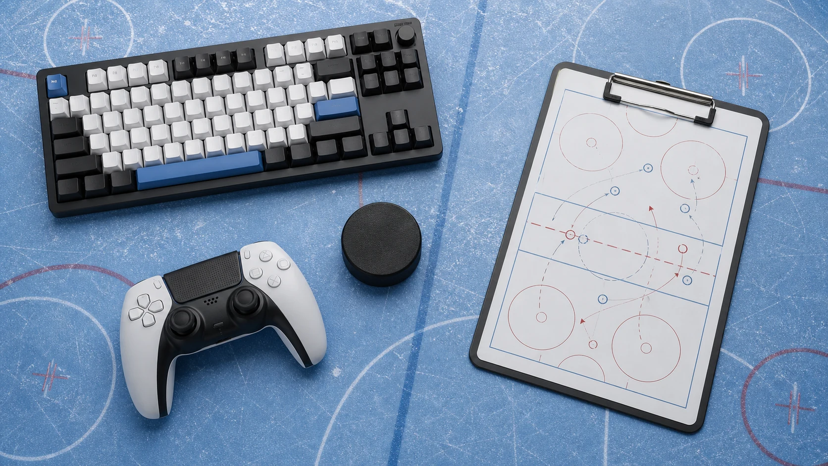 Gaming controller, keyboard, hockey puck and tactics board arranged on an ice-blue desk