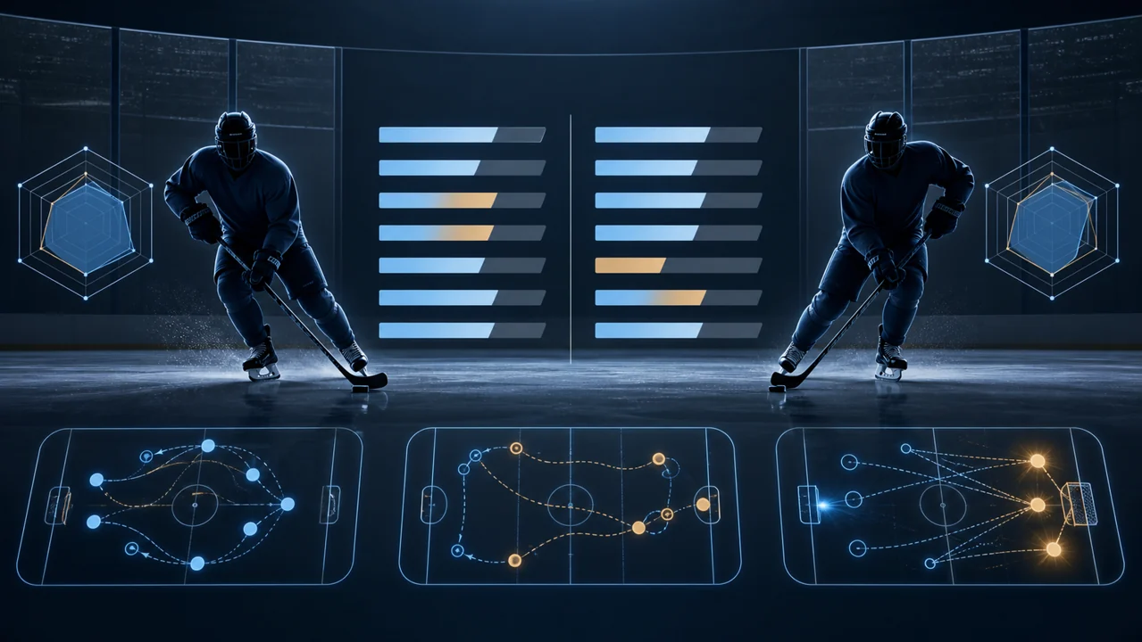 Abstract hockey video game player comparison screen with attribute bars and two controllers
