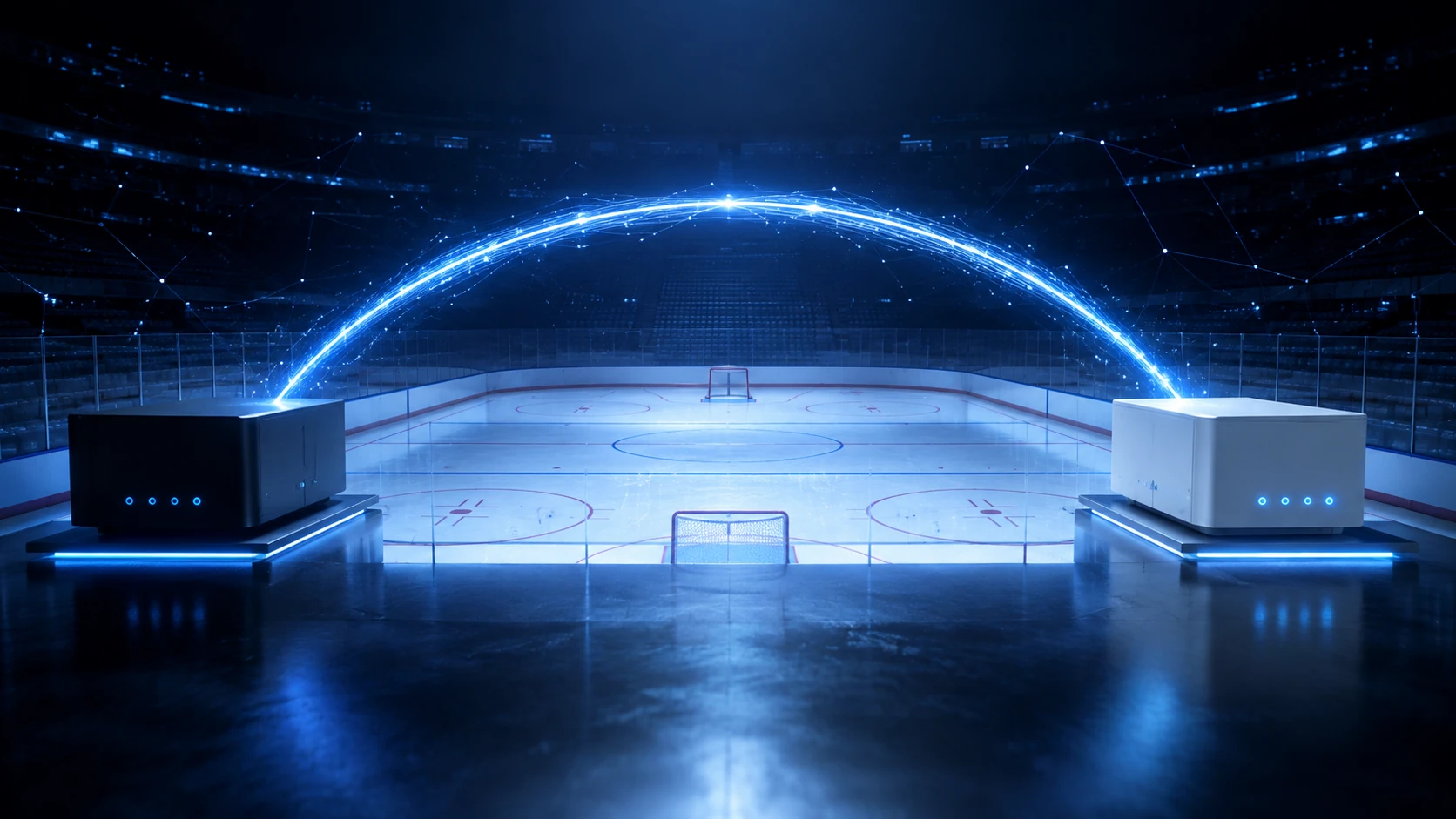 Two abstract gaming terminals connected by light across a digital ice hockey rink