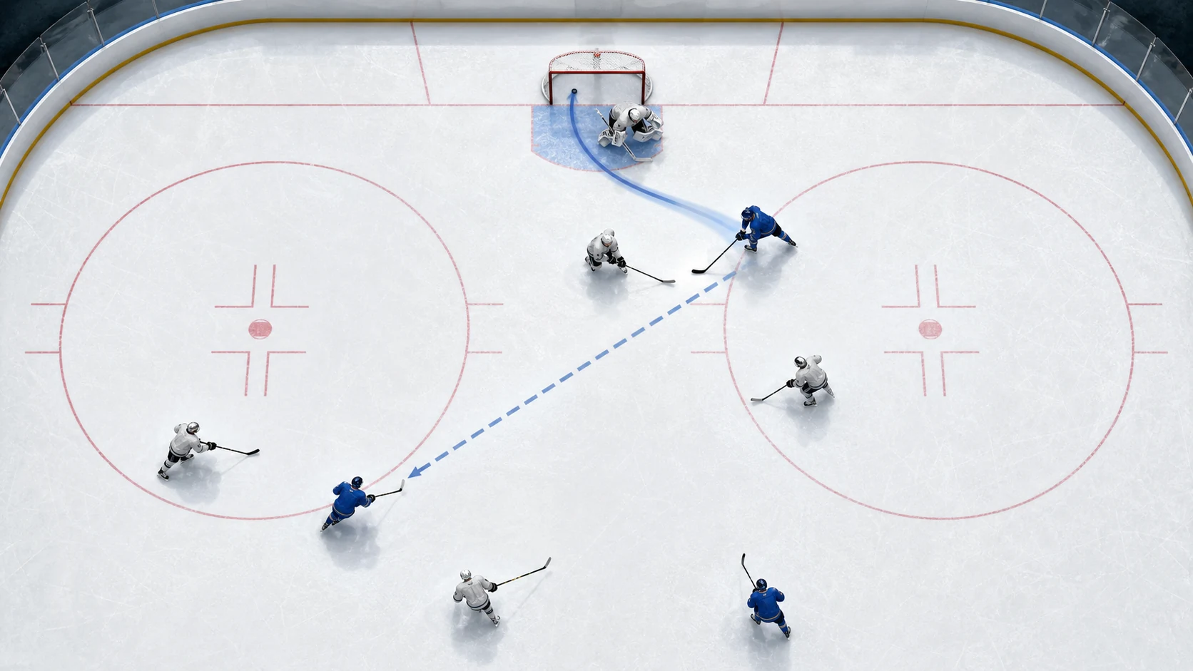 Overhead hockey scene showing a passing lane and a puck approaching the goal