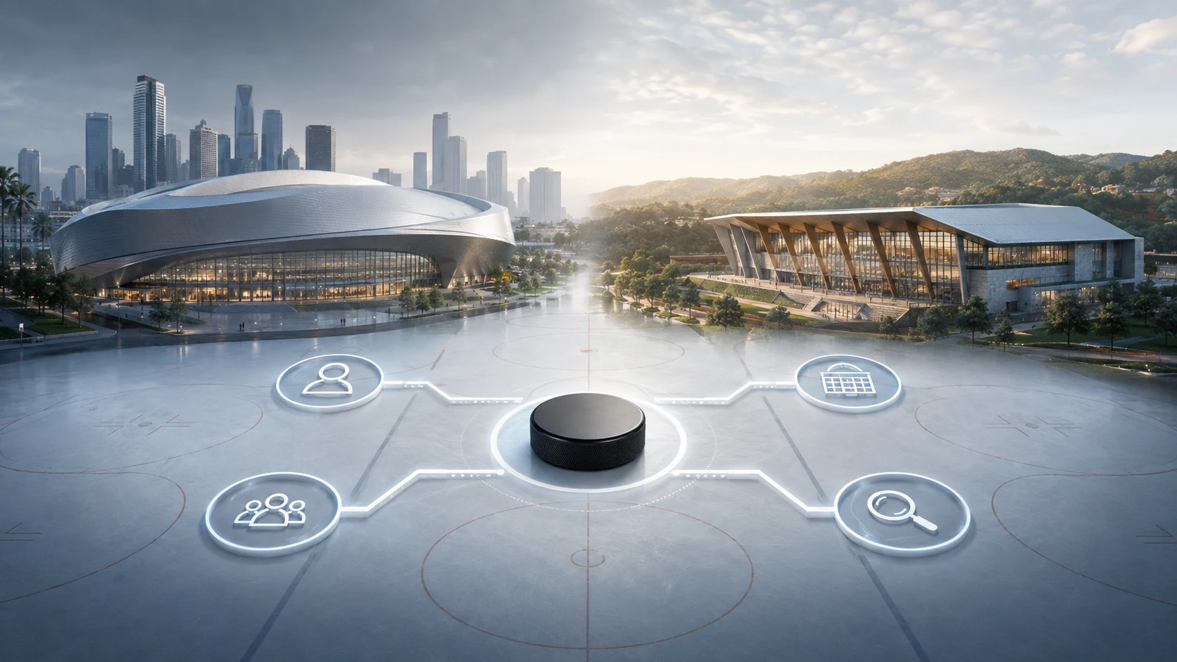 Two generic Texas hockey arena concepts connected by a neutral decision path
