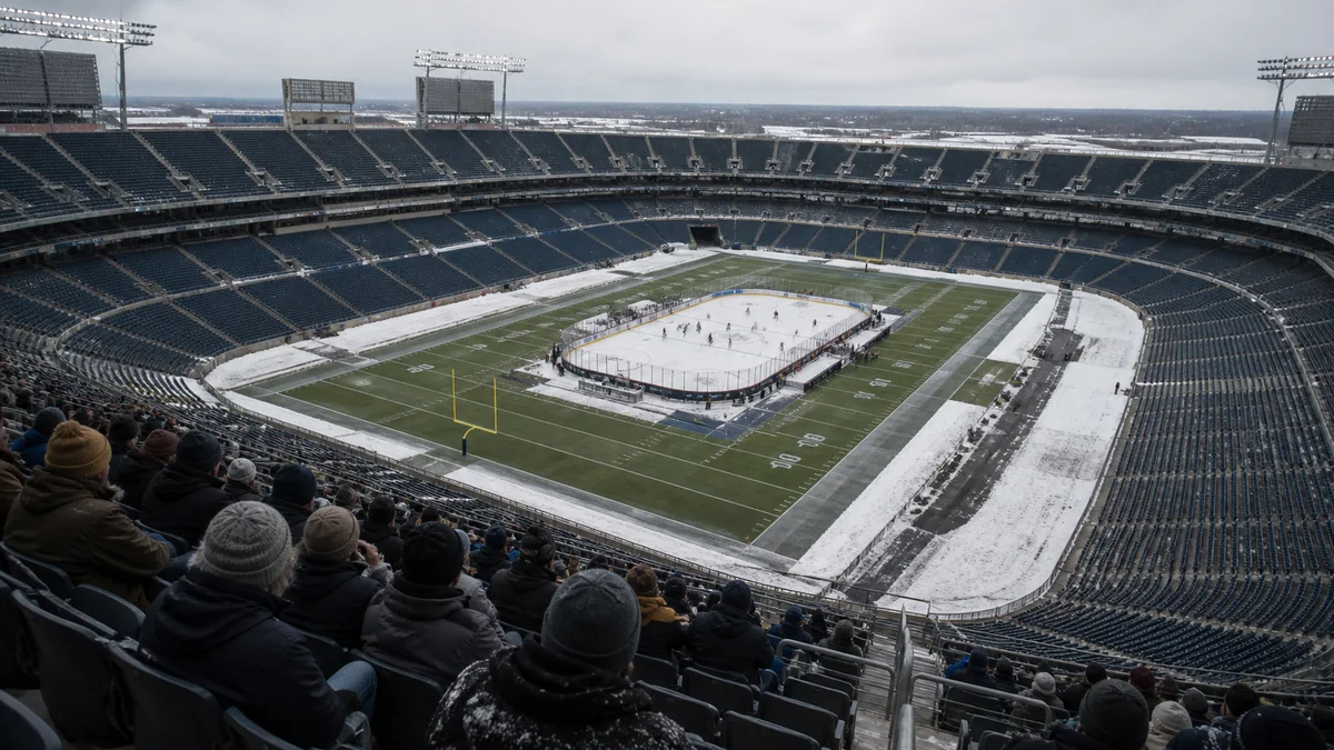 High stadium-seat view toward a generic outdoor hockey rink showing the distance from football stands