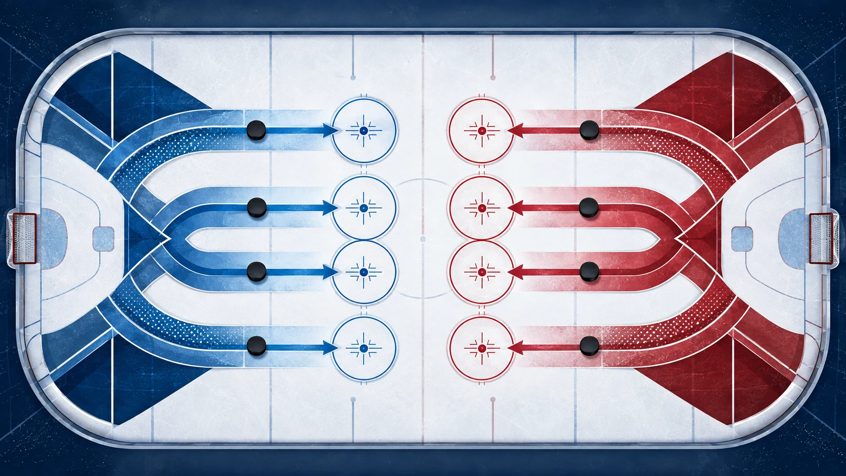 Abstract ice rink paths showing two groups of hockey pucks feeding four playoff lanes