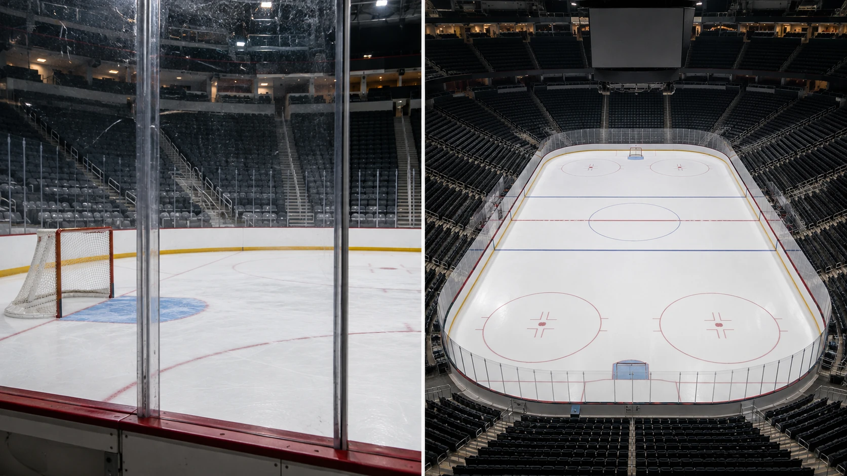 Two unbranded views of an ice hockey rink from glass level and an elevated center section