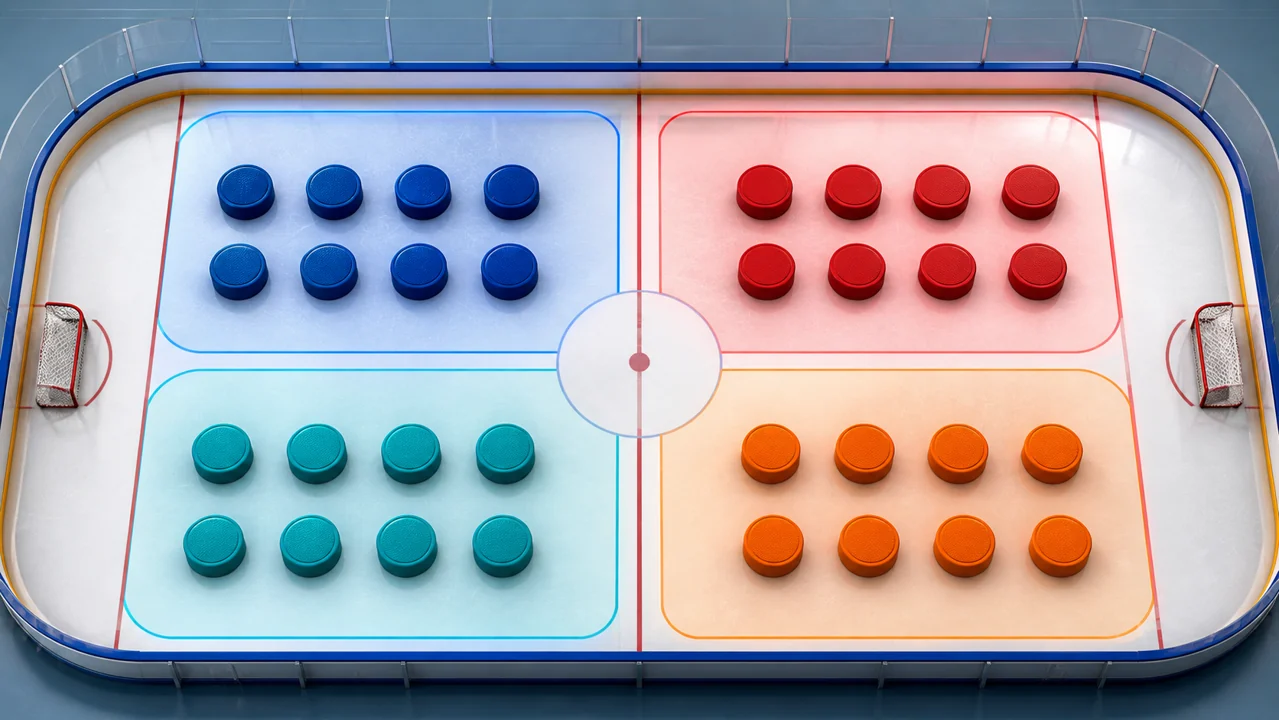 Abstract hockey rink diagram with four groups of eight markers representing NHL divisions