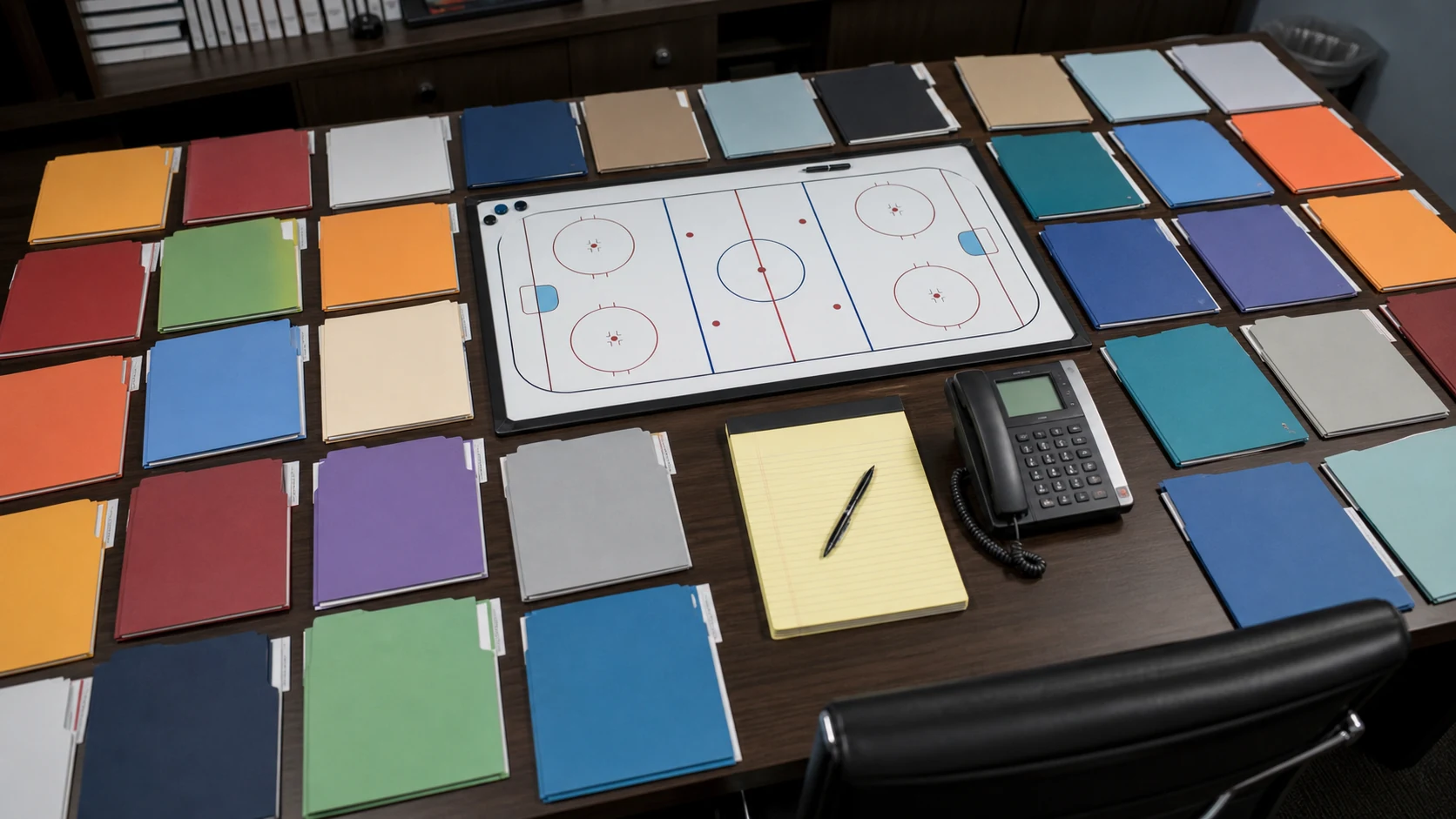 Hockey operations desk with blank team folders arranged around a rink diagram
