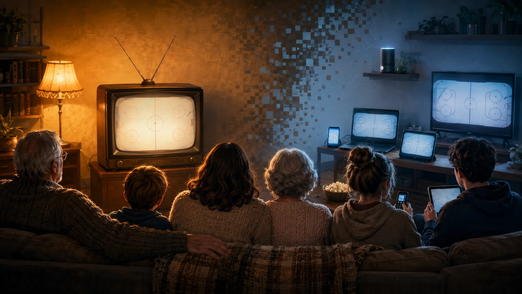 A multigenerational family watching a shared antenna television as the scene transitions to several streaming devices