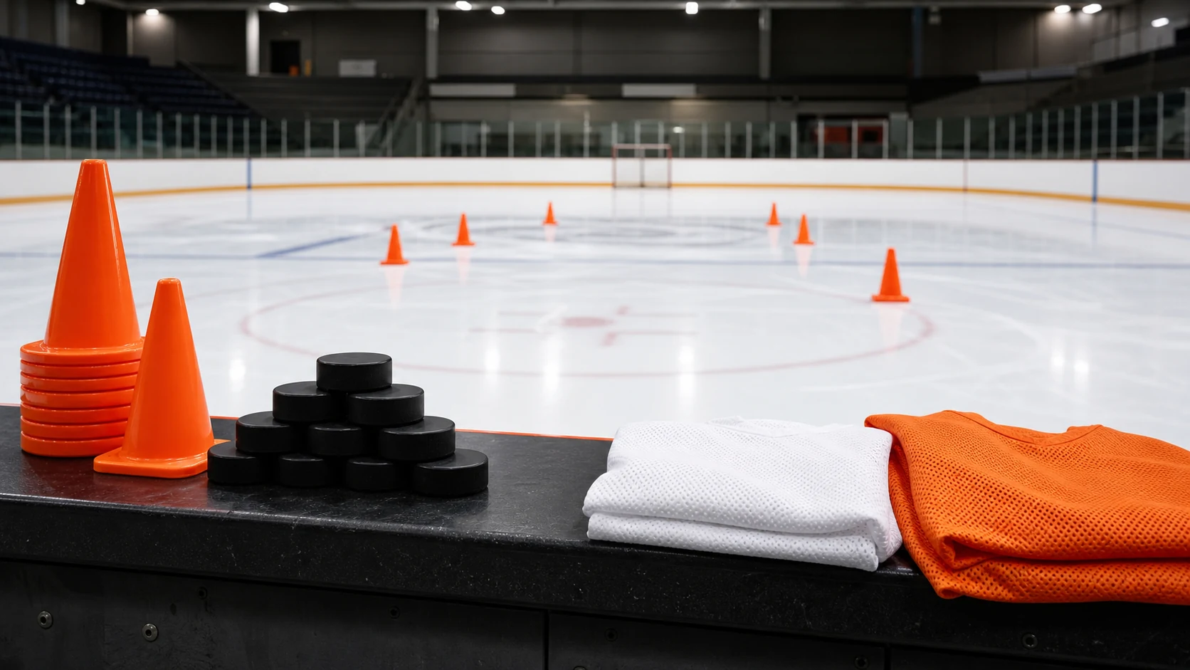 Unbranded hockey development camp setup with cones and plain practice jerseys