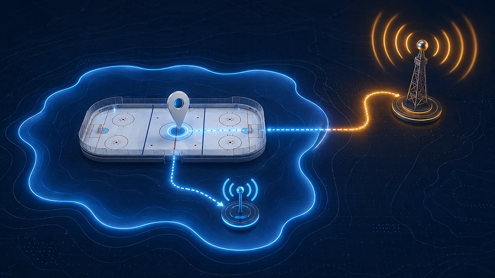 Abstract hockey rink linked to a regional viewing boundary and a separate national broadcast signal