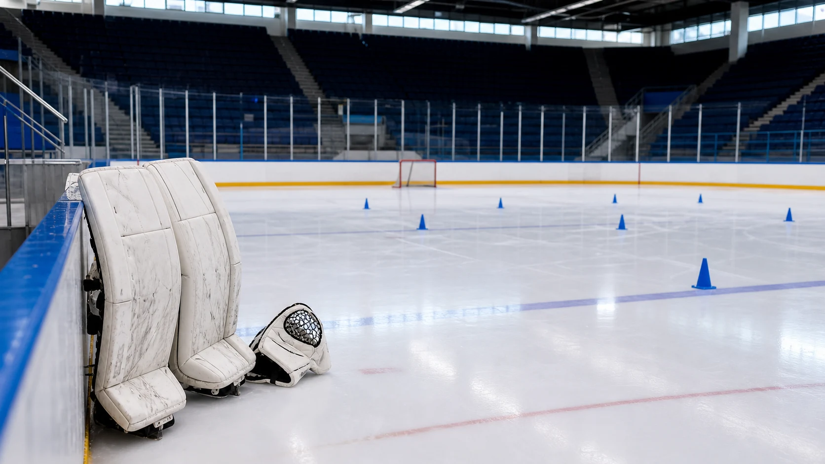 Empty unbranded hockey practice rink with goalie pads and training cones