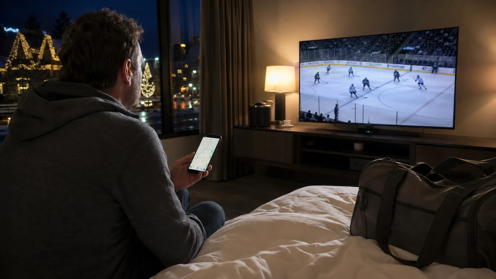 Hockey fan checking a game on a television and a location map on a phone while traveling