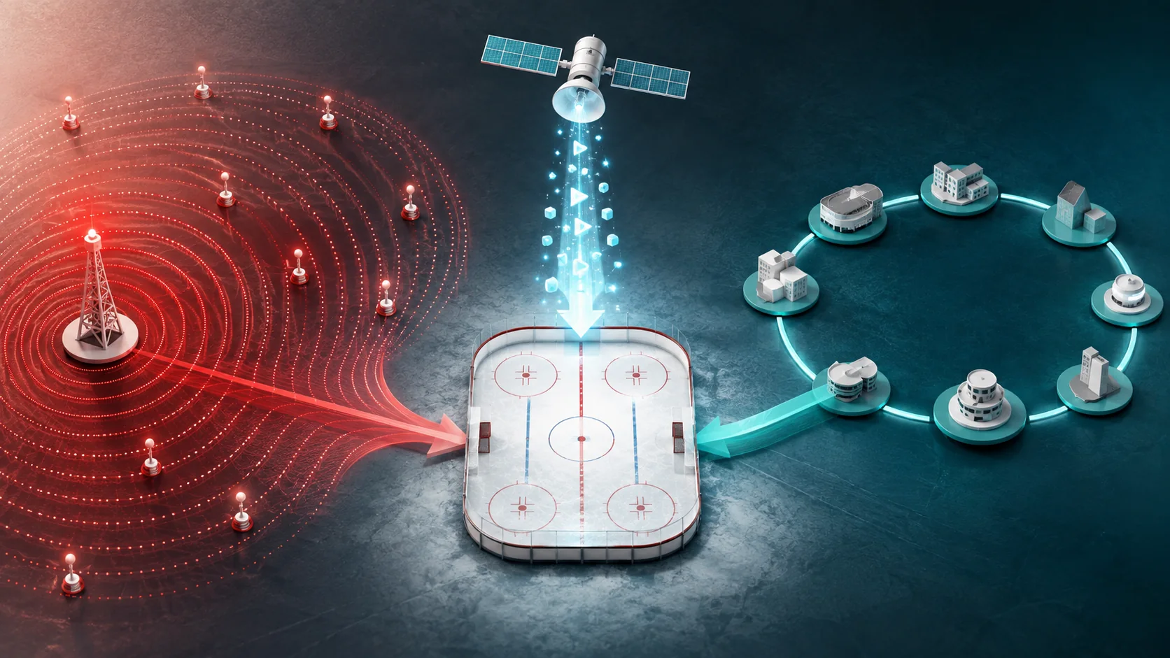 Three abstract broadcast paths representing national regional and Wednesday-exclusive coverage converging on a hockey rink