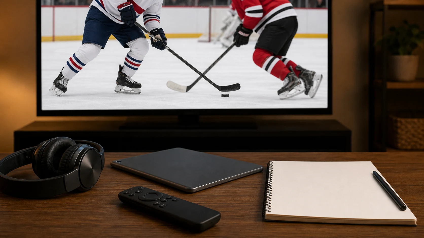Remote, headphones and tablet beside a television showing a generic paused hockey replay