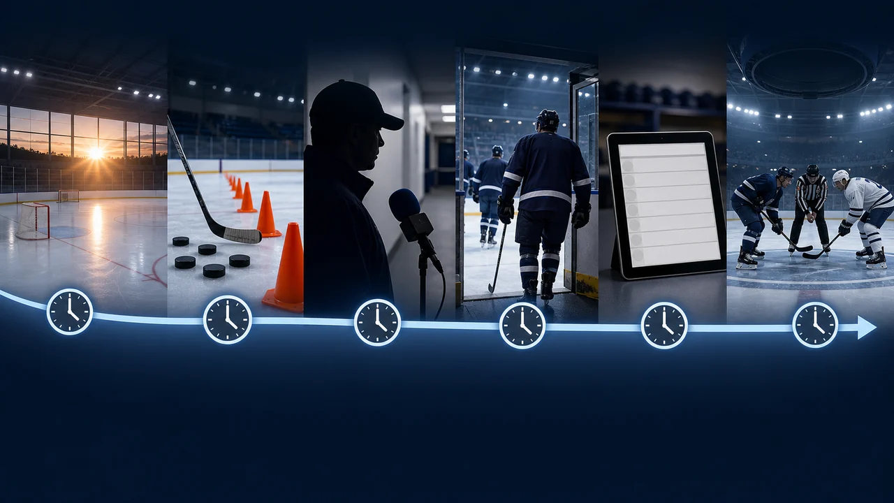 Illustrated hockey pregame timeline from morning preparation through warm-up and faceoff