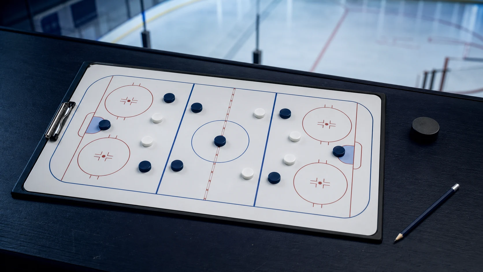 Unbranded hockey tactics board with blank magnets arranged around a center-ice gap
